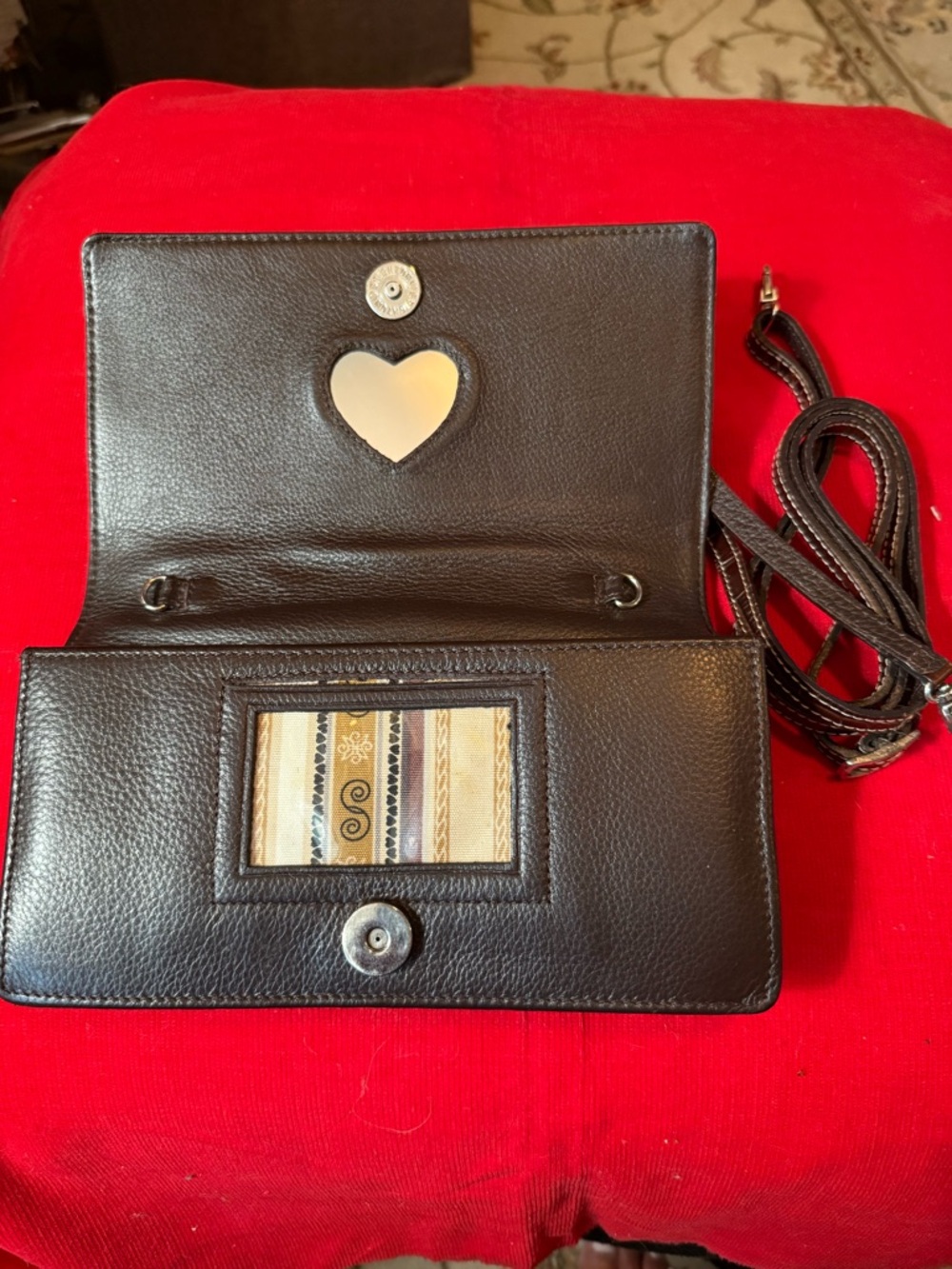 Brighton Black Leather Crossbody Wallet with Heart Accent and Stripe ID Window